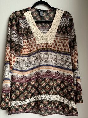 About a Girl Boho Patchwork Lace Peplum Blouse Women’s Medium Cottagecore